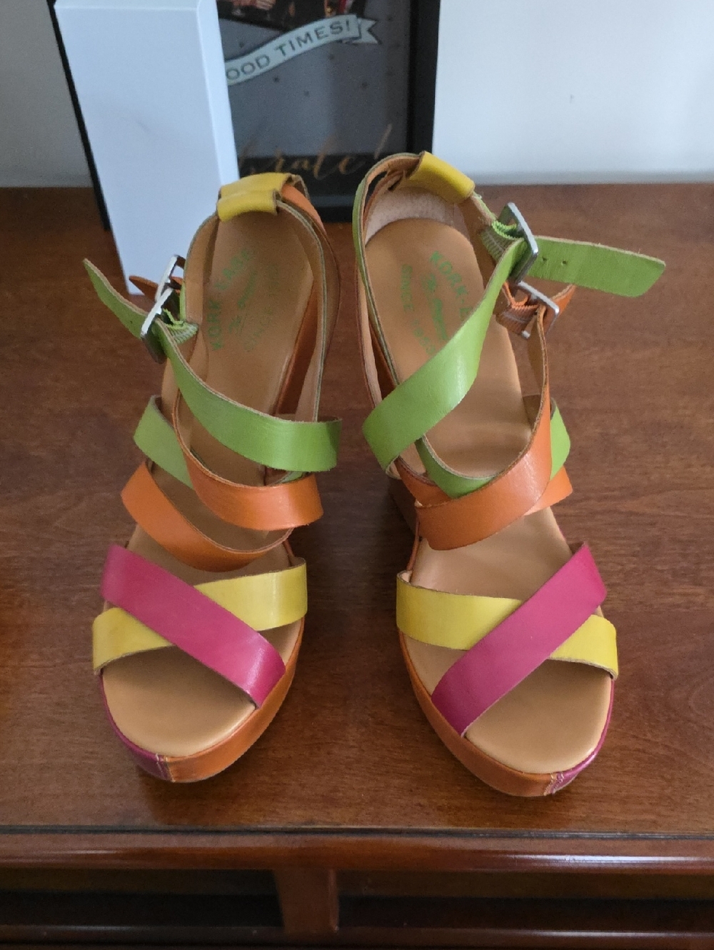 Kork-Ease Multicolor Strappy Platform Sandals - Pink, Yellow, Orange & Green